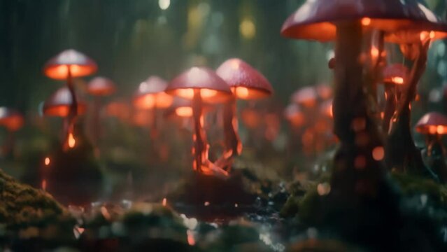 red mushroom growth time lapse fungi forest landscape animation