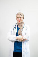 Muslim Arab person. The face of a female doctor on an isolated white background.