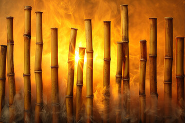 A row of bamboo sticks with a sun in the background. The sun is shining on the bamboo, creating a warm and inviting atmosphere