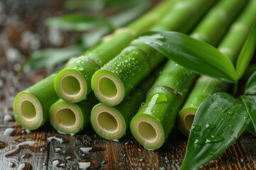 A bunch of bamboo shoots with water droplets on them. Concept of freshness and natural beauty