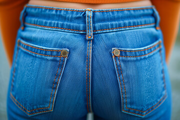 A woman is wearing blue jeans with orange stitching. The jeans are tight and the woman is standing with her back to the camera