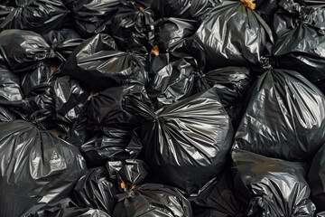 A pile of black plastic bags, some of which are tied, and some of which are not