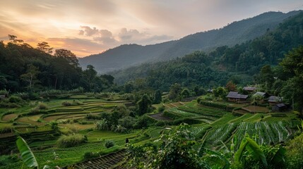 Hill tribe farming rice terraces Create a beautiful landscape