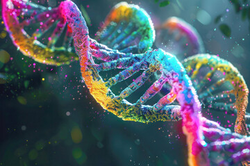 Vibrant DNA strands twisting against a high-contrast black background, reflecting the complexity and beauty of genetics in healthcare.