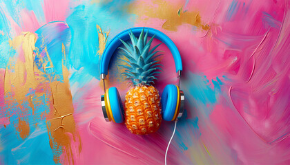 Hipster pineapple with headphones on colorful graffiti background. Minimal summer concept. Tropic beach music  party