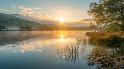 Obraz premium Sunrise over a tranquil lake, with soft, natural light creating a peaceful atmosphere --ar 16:9 --style raw Job ID: 1458aac2-6802-42a7-87d3-5c91b49f6860