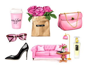 Stickers set with transparent background. Beautiful stickers set with bag, coffee, perfume, shoe, sunglasses, flowers and cozy sofa. PNG Illustration 