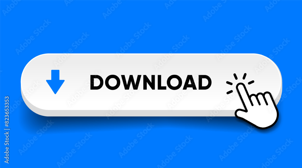 Poster 3D download button icon. Upload icon. Down arrow bottom side symbol. Click here button. Save cloud icon push button for UI UX, website, mobile application.