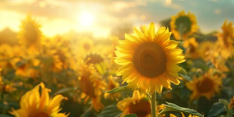 Fototapeta premium Sunflowers in full bloom, golden petals and green leaves close up, focus on, copy space, bright and cheerful colors, Double exposure silhouette with sunny field