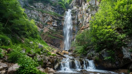 Vertical photo of a waterfall cascading down a rocky cliff, with lush greenery on either side --ar 16:9 --style raw Job ID: d348d0e6-da21-4b72-a58d-030aeb583cd2