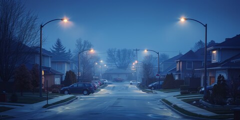 Suburban nightscape, quiet streets with glowing streetlights close up, focus on, copy space, soft and inviting tones, Double exposure silhouette with calm neighborhoods