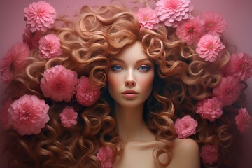 Naklejka premium Artistic portrait of a woman with flowing hair and pink blossoms weaving through her curls