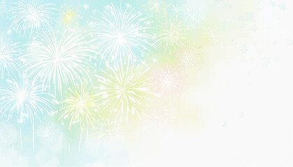 水彩画で描いたパステルカラーの花火のイラスト　ブルー