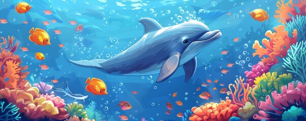 Obraz premium A beautiful painting of a dolphin swimming in a coral reef.