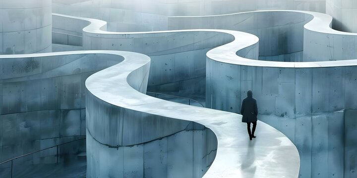 A person is trapped in a concrete labyrinth facing uncertainty and deadlock. Concept Escape Room Challenge, Maze of Uncertainty, Confinement Dilemma, Desperate Measures