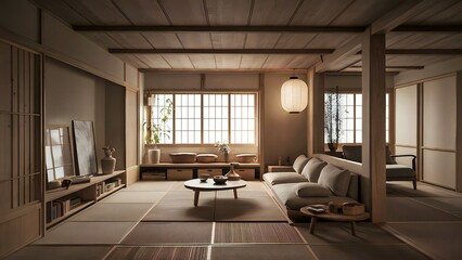 Fototapeta premium Stunning Japandi-Style Living Room 3D Render: Harmonious Fusion of Japanese and Scandinavian Design
