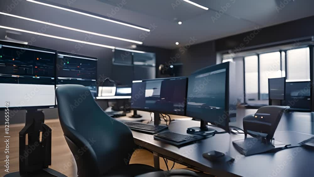 Poster modern desk setup with dual monitors and keyboard generative ai