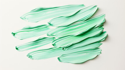 A series of staggered strokes of mint green acrylic paint, refreshing and clean, on a solid white background, reminiscent of cool mint leaves.