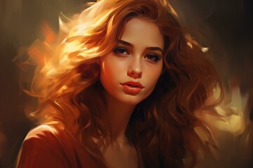 Fototapeta premium Digital painting of a young woman with vibrant, flowing red hair and a serene expression