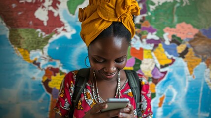A focused young African woman texting on her smartphone, standing against a detailed world map in a culturally rich environment
