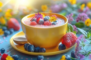 A yellow cup of corn milk soup, with fruit and vegetables on the side - Powered by Adobe