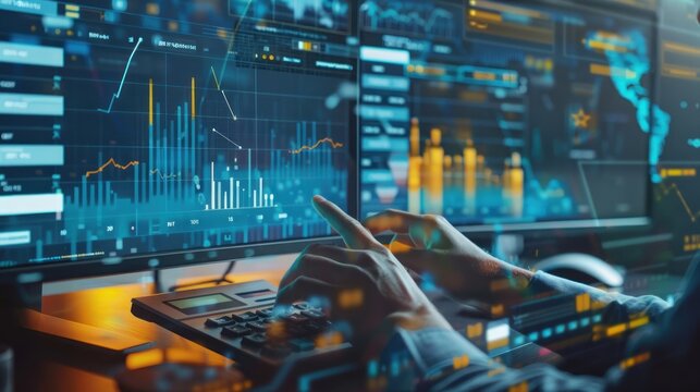 Engage with the strategic acumen of a businessman as he utilizes modern technology, including computers, calculators, and virtual dashboards, to analyze finance sales data and economic growth.