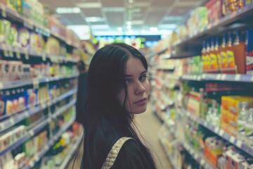 Portrait of a сute European woman shopping in a supermarket. Retail customer concept