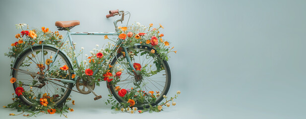 Bicycle covered with plants and flowers, eco and environment concept, sustainable transport and travel, protect nature, bike and earth day 