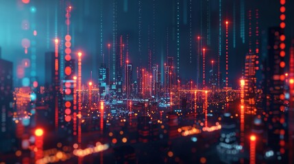 Dynamic financial data selective focus, investment trends, vibrant, overlay, futuristic cityscape