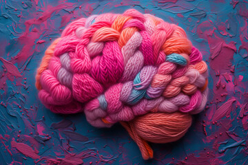 Human brain knitted with wool, self esteem and mental health concept, positive thinking, creative mind, consciousness 