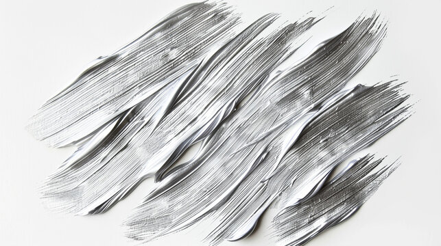 A cluster of fine, hair-like strokes of silver acrylic paint, delicately brushed on a solid white background, creating a shimmering, metallic effect.