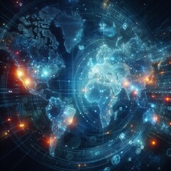 Obraz premium Abstract digital world map, concept of global network and connectivity, data transfer and cyber technology, information exchange and telecommunication illustration vector Generative Ai