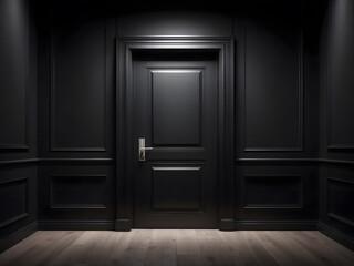 An architectural interior element for a modern minimalist concept with a closed door in a dark room on a black background design.