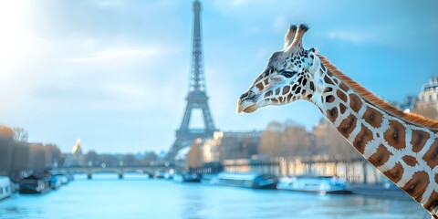 Giraffe sightseeing in Paris with Eiffel Tower in the background. Concept Unique Photography...