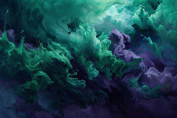 A vivid explosion of emerald green and deep purple oil paint, creating a majestic and regal abstract cloud.
