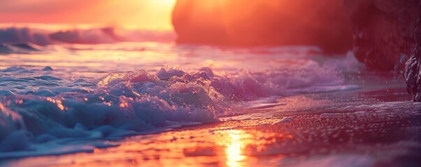 Rocky coastline with crashing waves, sunset glow close up, focus on, copy space, vibrant and dramatic colors, Double exposure silhouette with coastal cliffs