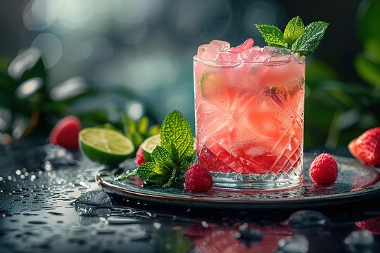 A glass of pink drink with a garnish of raspberries and mint