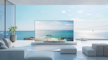 Modern White Living Room by the Sea with Large-Screen TV, Surreal Water Blue Style, Ricoh  Aesthetic, High-End Fashionable Vibe, Clean Bright Image
