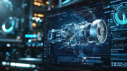 A computer monitor displays a blue and white image of a jet engine. Concept of technology and innovation
