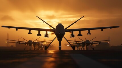 A drone fleet lines up on an airstrip at sunset, ready for a strategic military operation, highlighting advanced technology.
