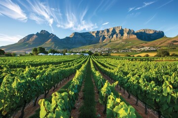 Naklejka premium Picturesque vineyards adorn the foothills of majestic mountains, creating a stunning vista