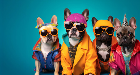 Fototapeta premium Creative animal concept. Group of French bulldog dog puppy in funky Wacky wild mismatch colourful outfits on bright background advertisement, copy space. birthday party invite invitation banner 