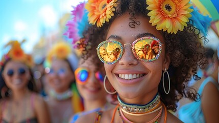 A high-definition image of a Pride Month celebration with a wide viewing angle, featuring a ladyboy and a group of friends, all displaying fresh smiles and vibrant outfits