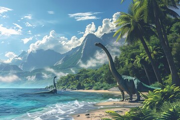 On the summer island, there are dinosaurs by the sea and a tropical. Generative Ai