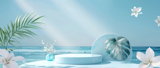 3d rendering of blue podium with palm leaf and flower for product display
