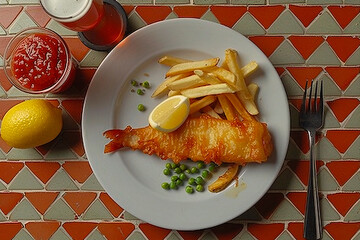 A classic British fish and chips meal served on a white plate with peas, lemon, and condiments on a patterned table