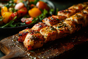 Deliciously grilled chicken skewers seasoned with herbs presented on a wooden cutting board evoke homely culinary delight