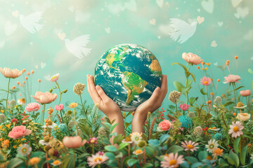 Hand holding planet earth, dove with heart, international peace day, faith, freedom and hope concept, humanitarian aid