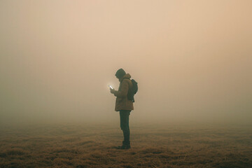 An exploratory scene where a person in a field is shrouded by dense fog, using their smartphone as a guiding light