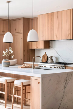This kitchen blends contemporary design with natural elements, featuring white marble countertops and wooden cabinetry